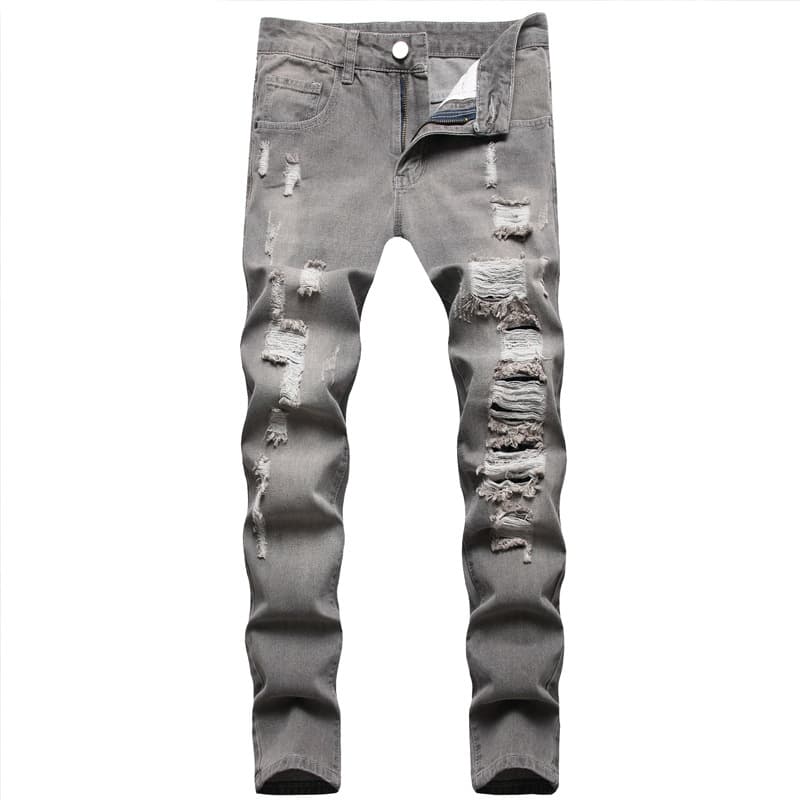 Men's Clothing Ripped Casual Gray Washed Jeans Elastic Mid Waist Slim Trousers
