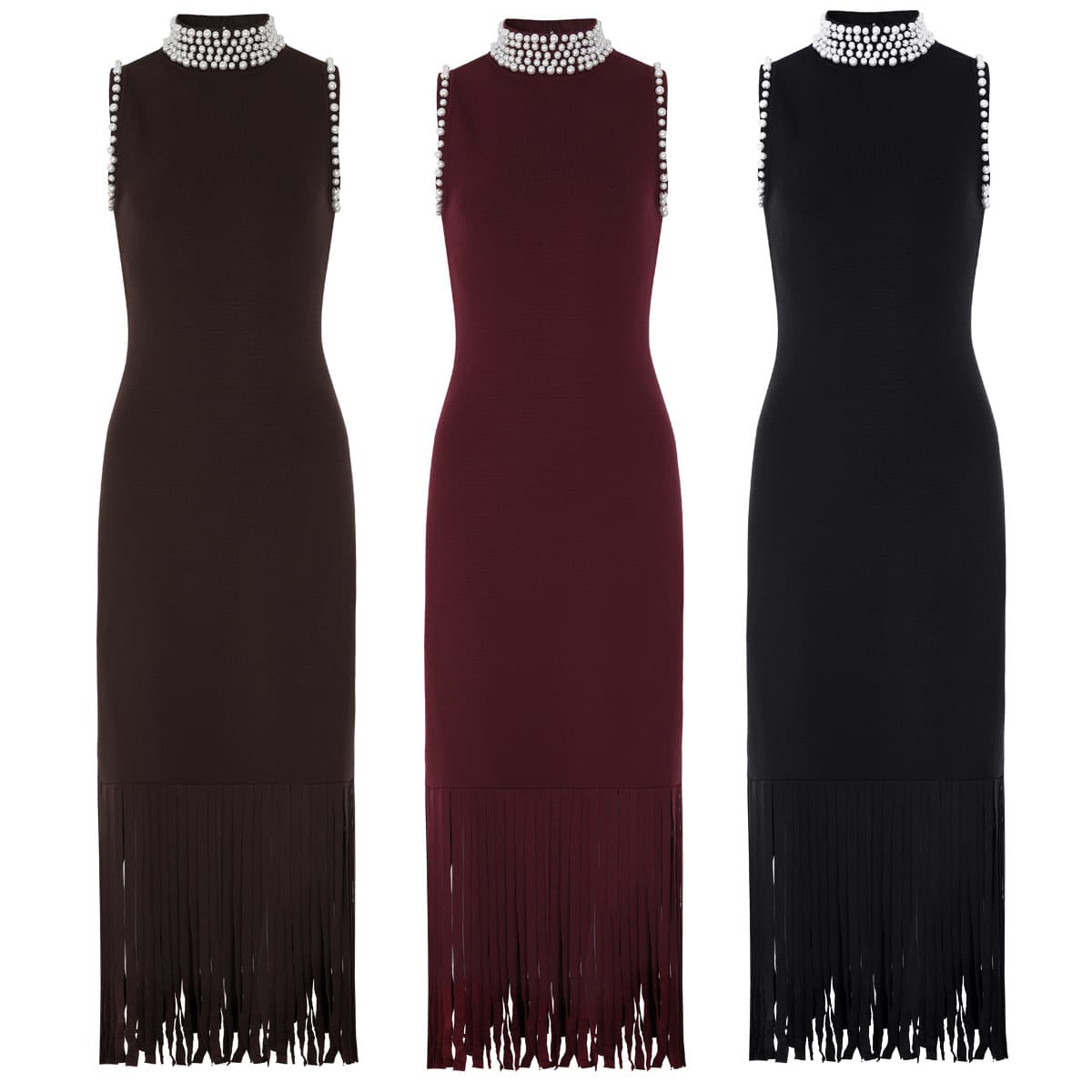 Elegant Pearl-Embellished High-Neck Sleeveless Knit Dress With Waist Accent & Fringe Detail​ Versatile Styling​​