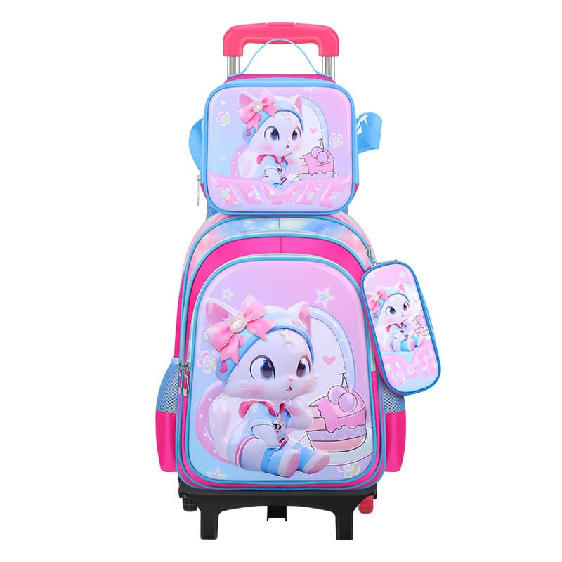 Ensemble sac à dos d'école en cuir 3D pour enfants, sac à roulettes, sac à déjeuner, trousse à crayons, dimensions
