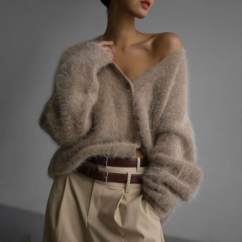 Women's Mink Knitted Cardigan Lazy Loose Long Sleeve V-neck Sweater Coat