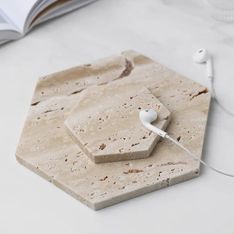 Natural Travertine Tray - Home Decor With Organic Texture (Hotel Luxury Tabletop Coaster & Display Stand Heat-Resistant Stone Serving Dish)
