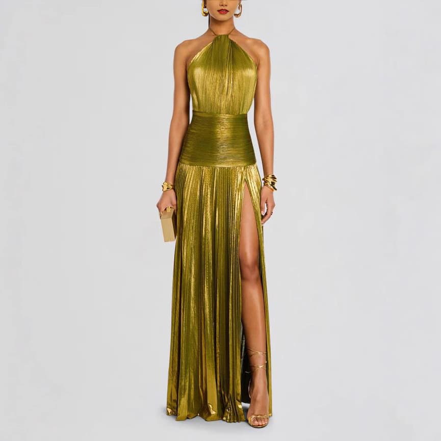 Women's Clothing Metallic Gold Pleated Slit Dress – Halter Neck Backless Sleeveless Maxi Dress For Women (XS-XXL)