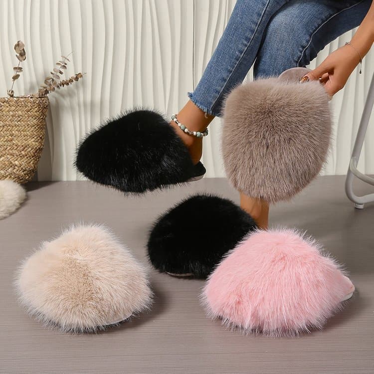 Autumn And Winter Hot Selling Plus Size Solid Color Fluffy Big Fur Slippers, Soft Bottom Flat Bottom Winter Baotou Home Warm Cotton Slippers