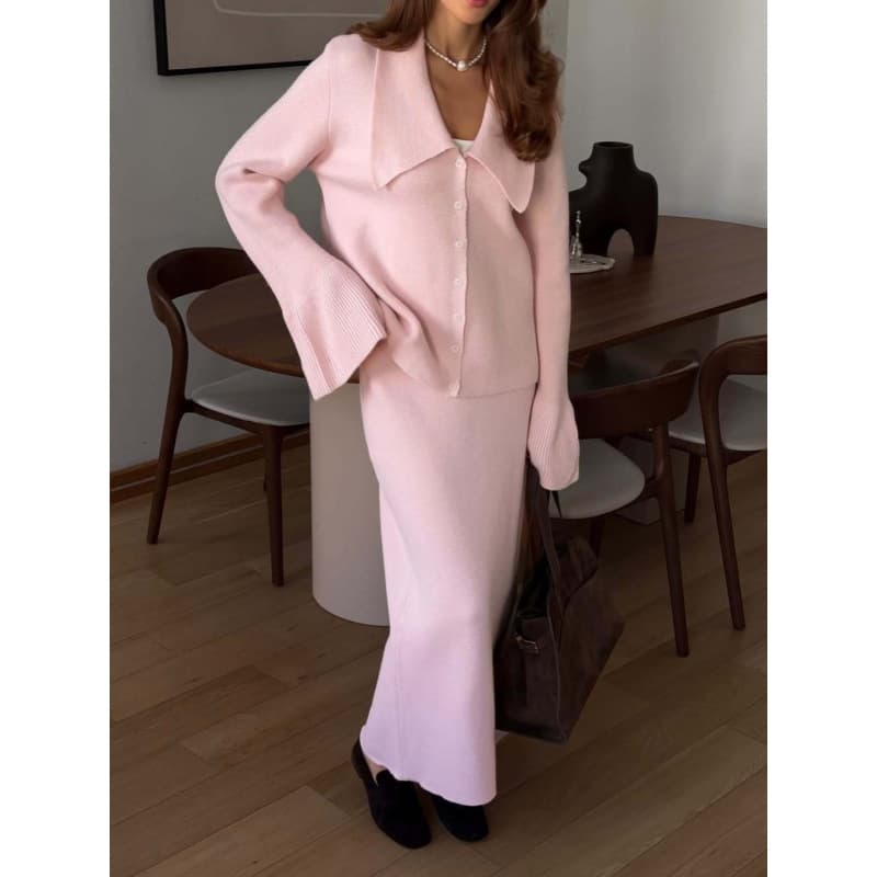 Women's Autumn Winter Solid Color Knit Sweater Set Lapel Polo Shirt With Flared Sleeves & Midi Skirt Two-Piece Outfit​