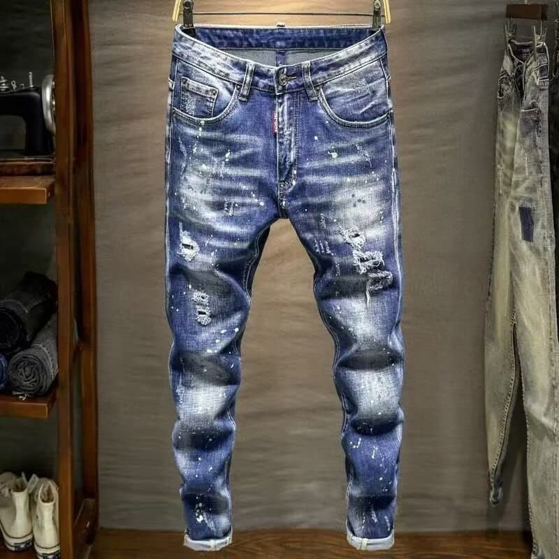 Men's Slim Straight Paint-Splatter Jeans - Distressed Denim With Urban Art Vibes