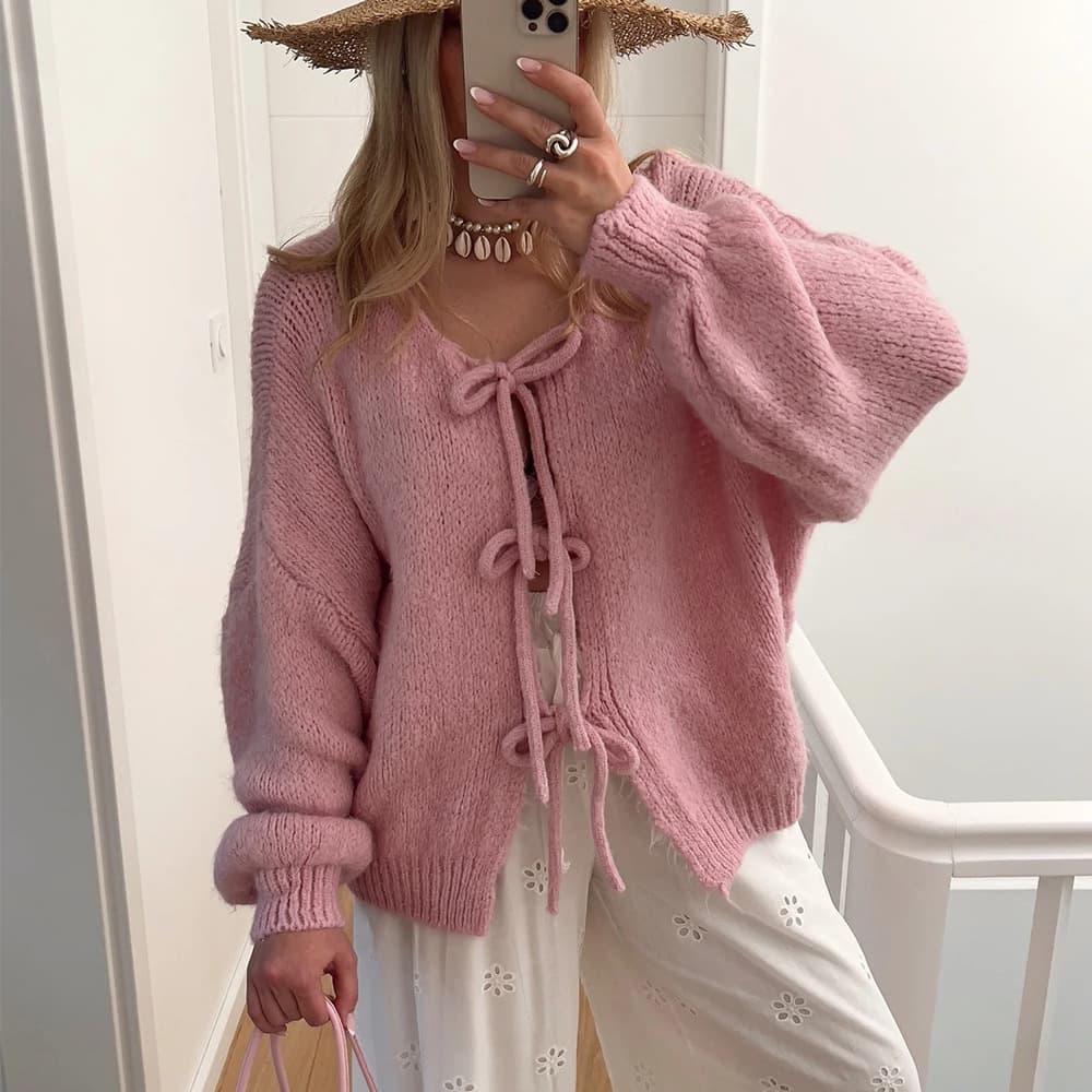 Women's Clothing Elegant V-Neck Tie-Front Knit Cardigan Soft Stylish Long Sleeve Open Front Sweater Lightweight & Versatile For Office & Casual Wear​​