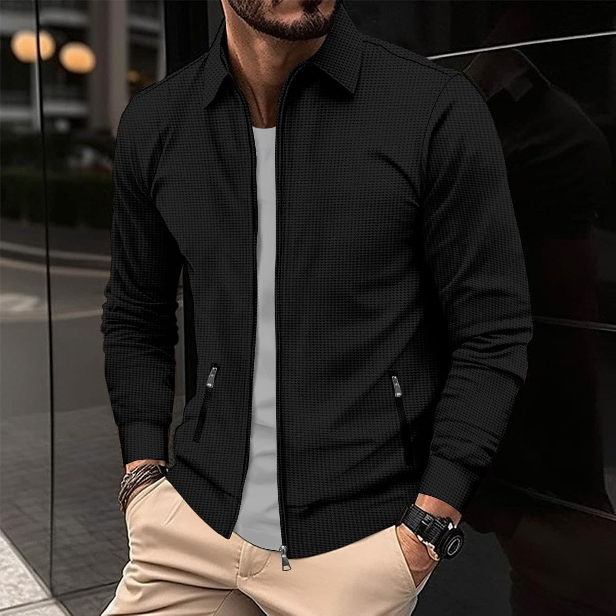 Men Spring Youth Waffle Zipper Pocket Lapel Slim Cardigan Men's Jacket