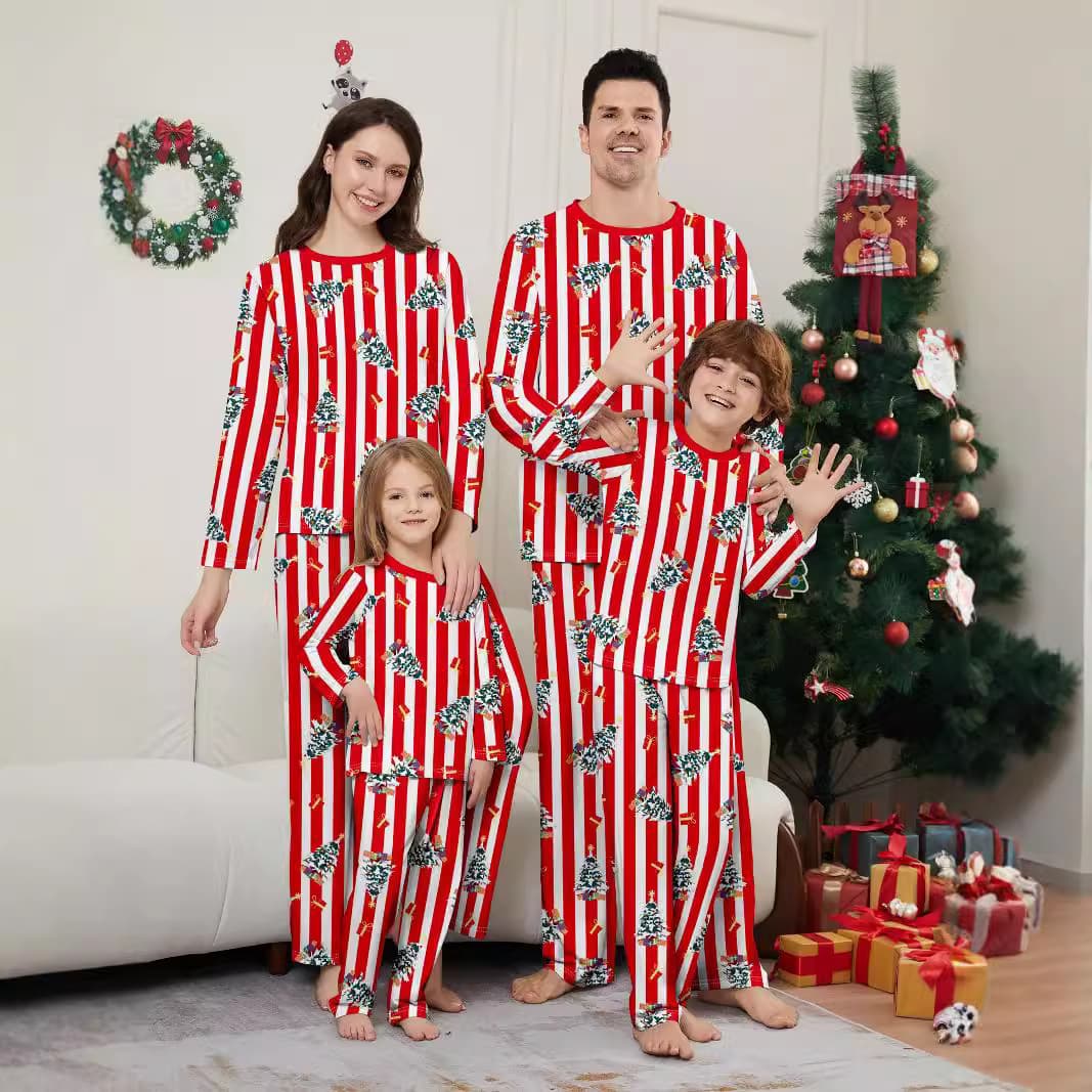 Christmas Tree Parent Child Suit Foreign Trade Striped Print Couple Pajamas Christmas Holiday Parent Child Home Clothes