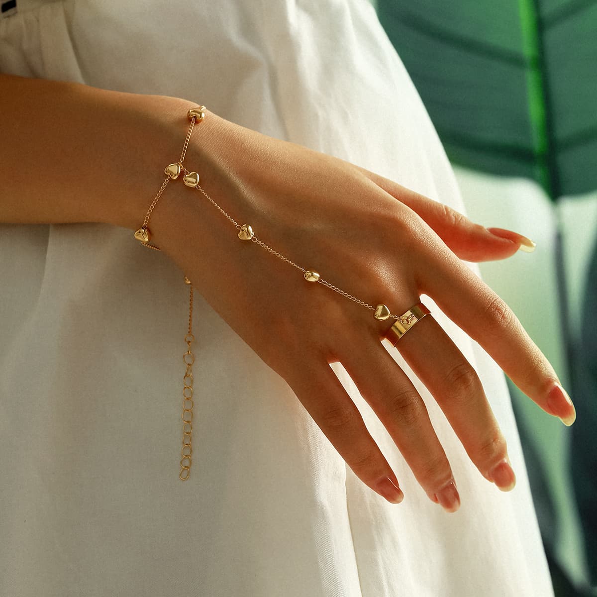 Fashion Simple Bracelet Heart Pearl Chain Bohemian Style Decorative Integrated Finger Ring