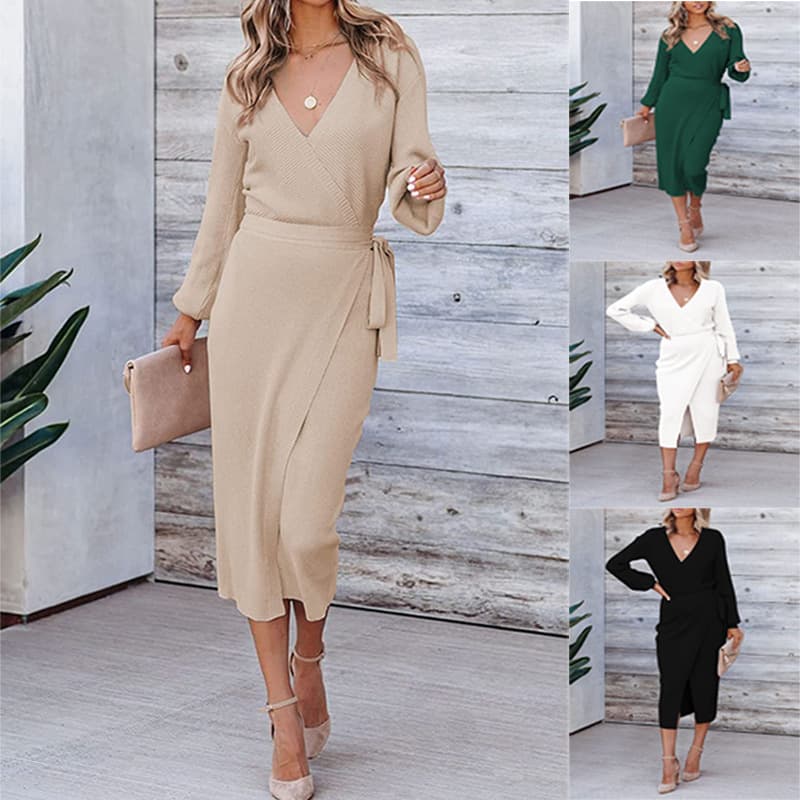 Women's Clothing autumn and winter new women's long skirt sexy V neck snake cloth knitted ladies dress