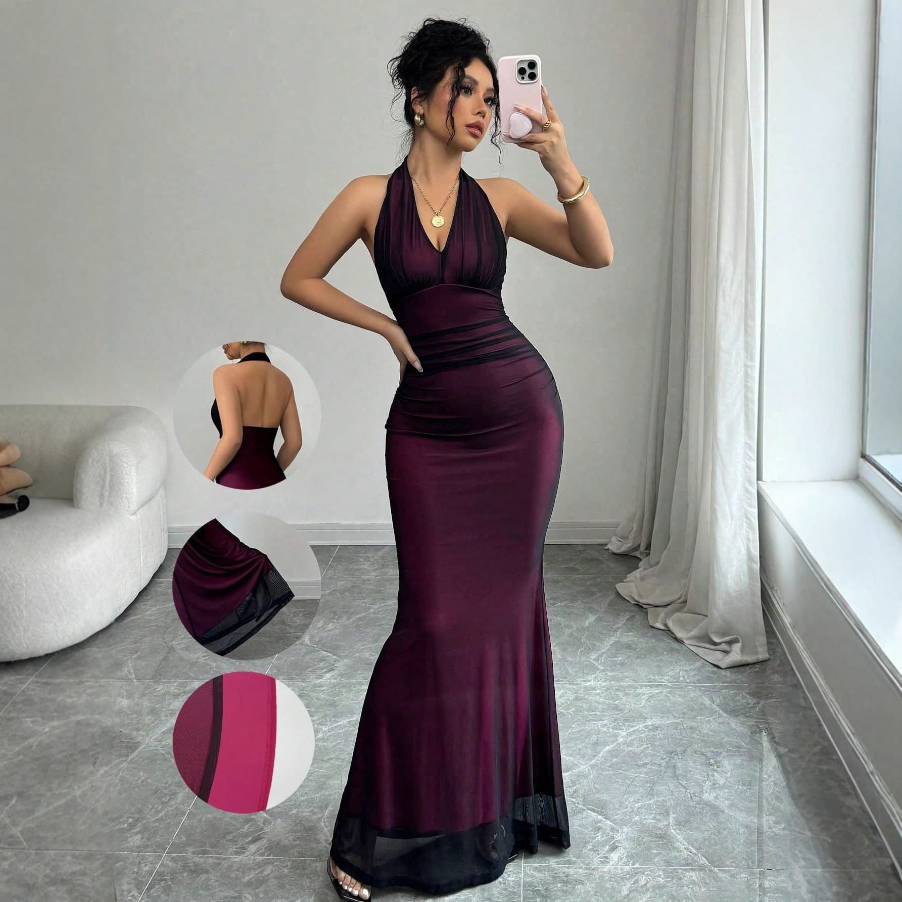Elegant Halter Neck Mesh Dress For Women - Sexy Backless Sleeveless Summer Dress With High Waist, V-Neck & Sheer Fabric - Available In Multiple Colors