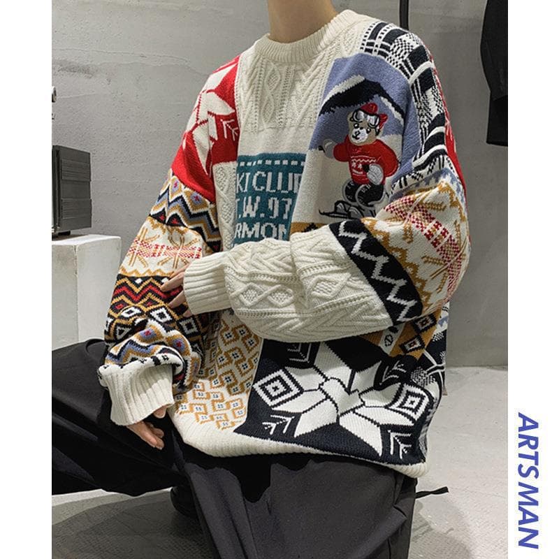 Men's Clothing retro bear sweater men's round neck lazy style loose autumn and winter couple wear knitted clothes trend