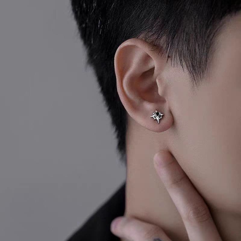 Black And White Titanium Steel Eight Pointed Star Earrings Inlaid With Zircon Star Design High Street Style Earrings For Men And Women