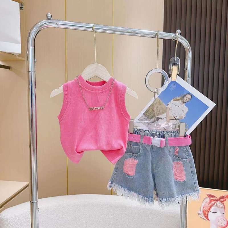 Mother&Kids Kids Summer suit Fashion kids pink tank top T shorts suit