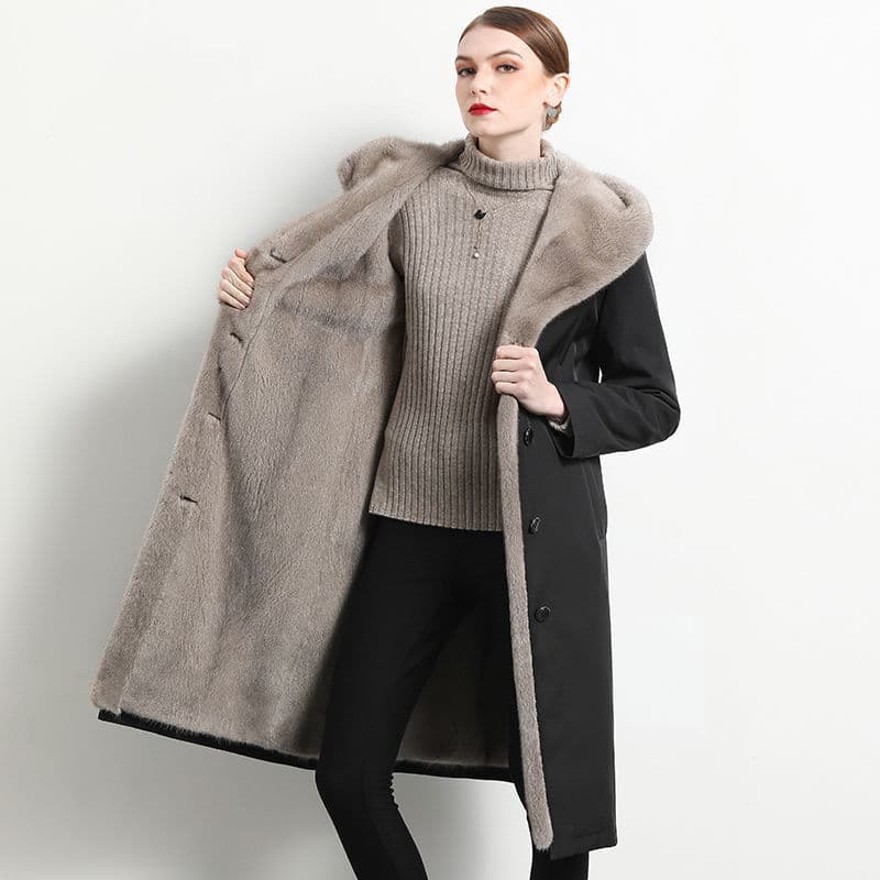 Mid-Length Mink Coat – Vegan Fur-Lined Hooded Jacket With Fleece Lining (M-4XL, Black)