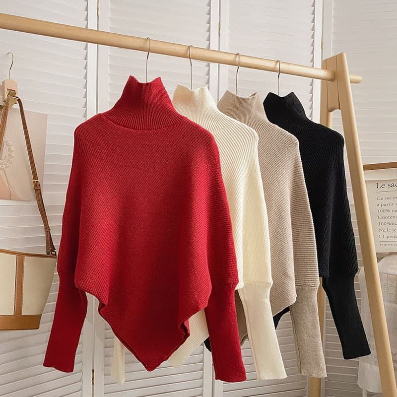Women's Clothing High Collar Red Sweater Autumn And Winter New Slim Solid Color Long Sleeve Knitted Top Trend