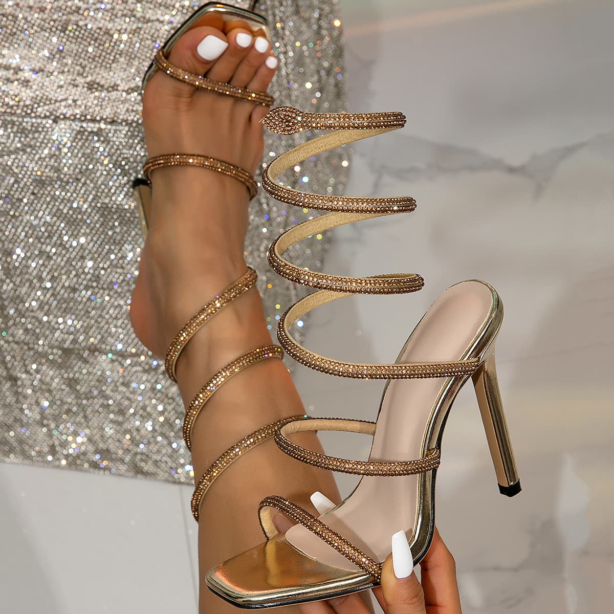 Fashionable Rhinestone High Heels Women's Summer Sexy Snake Shape French Style Versatile Open Toe Stiletto Shoes