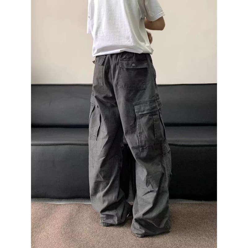 Jean cargo taille haute style vintage américain pour homme, style grunge, décontracté, uni, style baggy Y2K, jambes larges, délavé, en denim