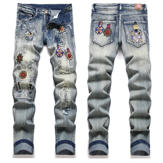 Men's Clothing Trendy Slim Fit Stretch Skinny Trousers High Street European American Style Ripped Embroidered Patchwork