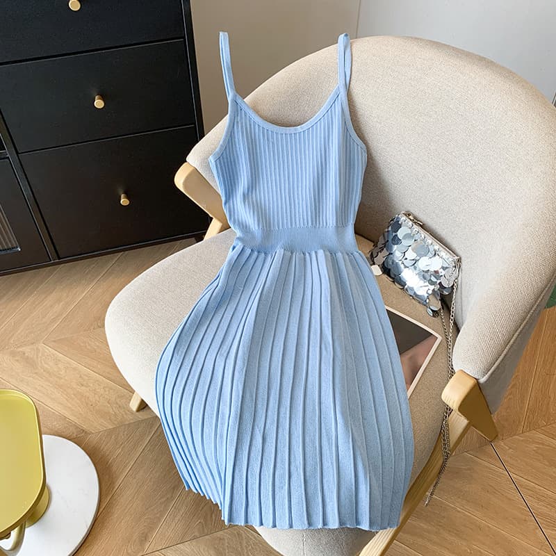 Women's Clothing Summer New Solid Color Sweet Hot Girl Pure Desire Style Suspender Skirt Knitted Skirt Pleated Dress