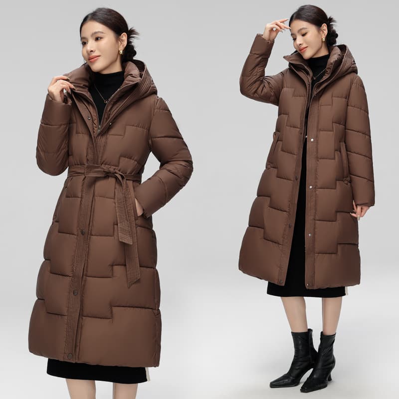 ​​Women's Long Down Coat With Hood, Winter Thick Warm Parka Jacket, Waist Tie Belt, Oversized Streetwear Style​​