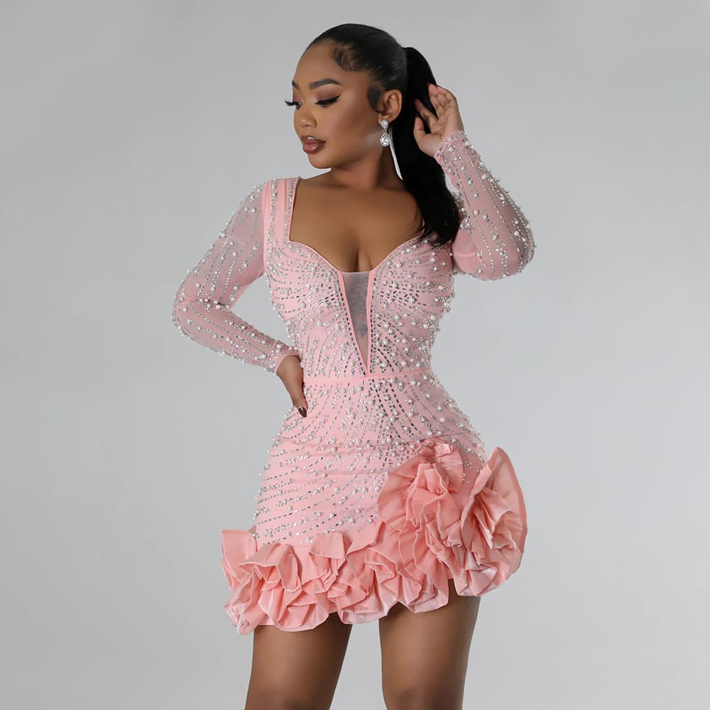 Women's Clothing Fashion Heavy Duty Hot Diamond Beading Ruffle Stitching Sexy Tight Hip Dress