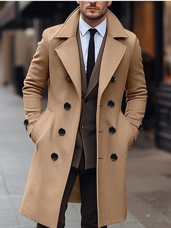 Men's Clothing Fashion Solid Color Wool Coat Korean Style Double Breasted Medium Length Woolen Windbreaker Jacket