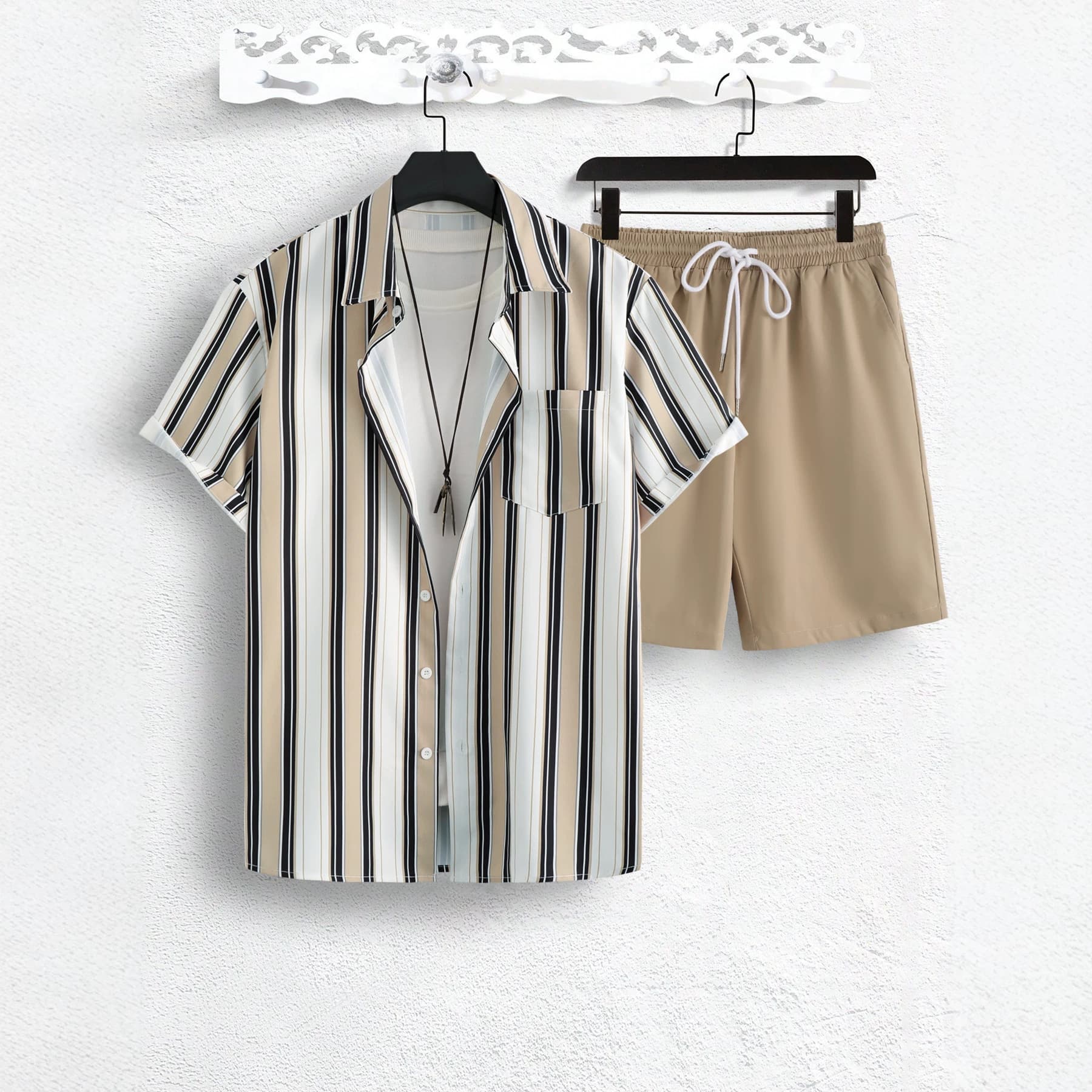 Men's Classic American Striped Short Sleeve Shirt & Shorts Set - Retro Two-Piece Outfit With Pocket, Loose Fit Summer Casual Wear