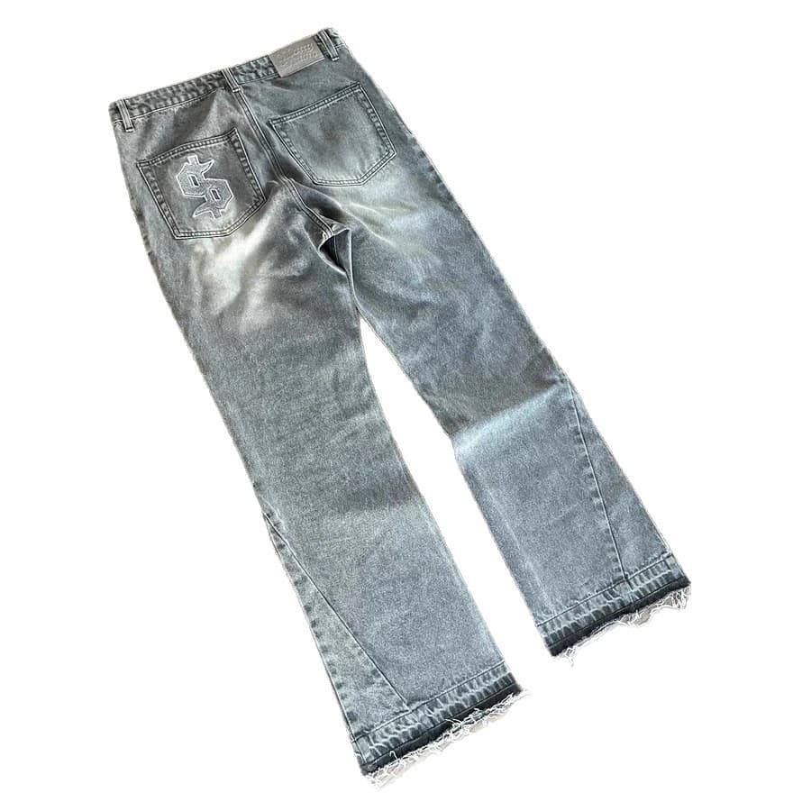 Fashionand Environmentally Friendly Fabrics American High Street Washed Retro Jeans Old Letter Embroidered Men's And Women's Wide-leg Rough-edge Pants