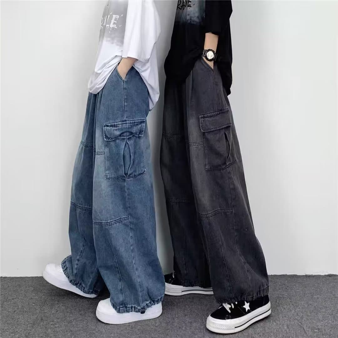 Pantalon cargo à jambes larges et grandes poches pour homme, nouveau jean d'été unisexe ample et droit, élégant