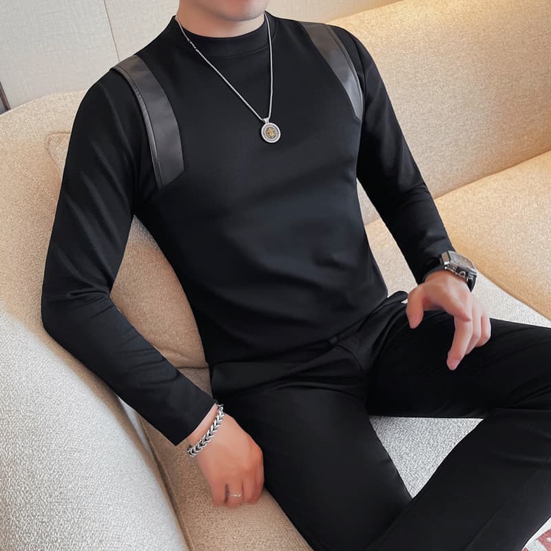 Men's Clothing Autumn men's long sleeved T shirt stitching design slim round neck bottoming shirt
