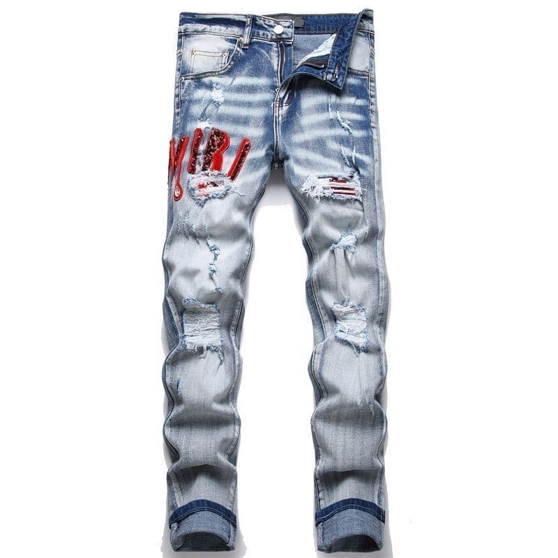 Jean droit à la mode pour homme, coupe slim, brodé, motif chat, polyvalent, léger, luxueux, haut de gamme, déchiré