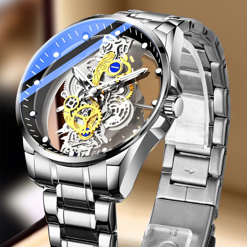 Classic new men's double-sided transparent skeleton full self waterproof luminous quartz watch dynamic mechanical watch