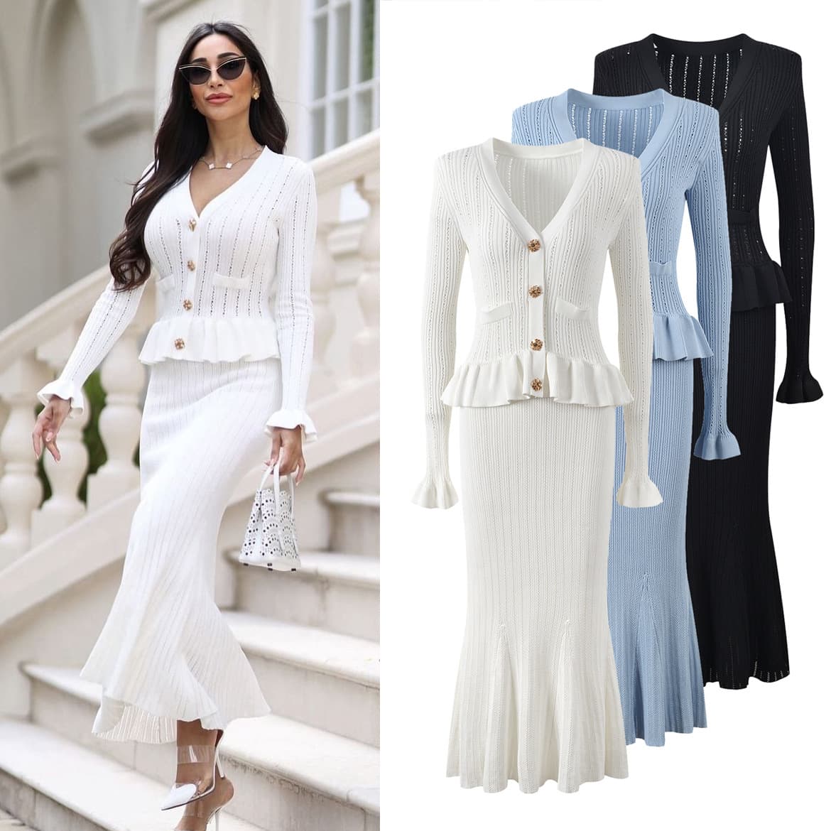 Women's Clothing autumn new elegant small fragrance style temperament ruffled two piece slim knitted dress fishtail long skirt