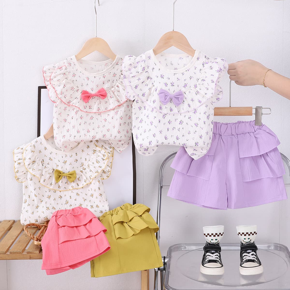 2025 New Girls' Summer Outfit: Baby Full-Print Floral Bow Large Collar Short-Sleeve Two-Piece Set Trendy