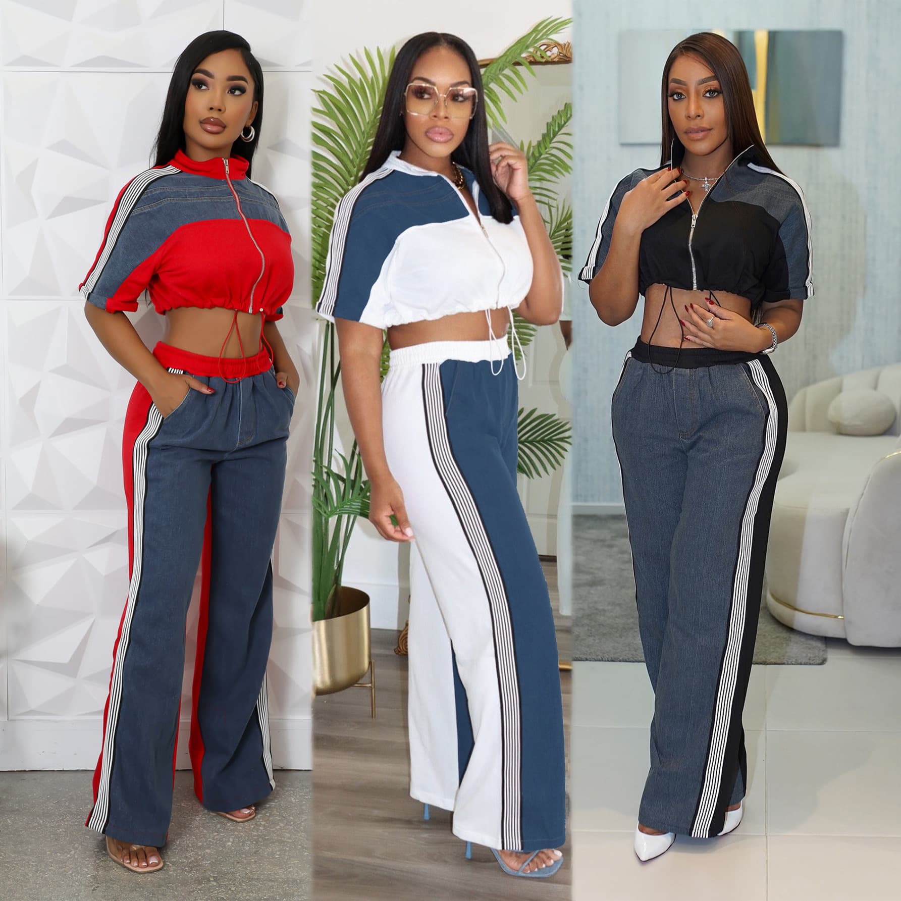 Women’s Clothing Denim Stitching Color Stand Up Collar Zipper Top Wide Leg Pants Two Piece Set
