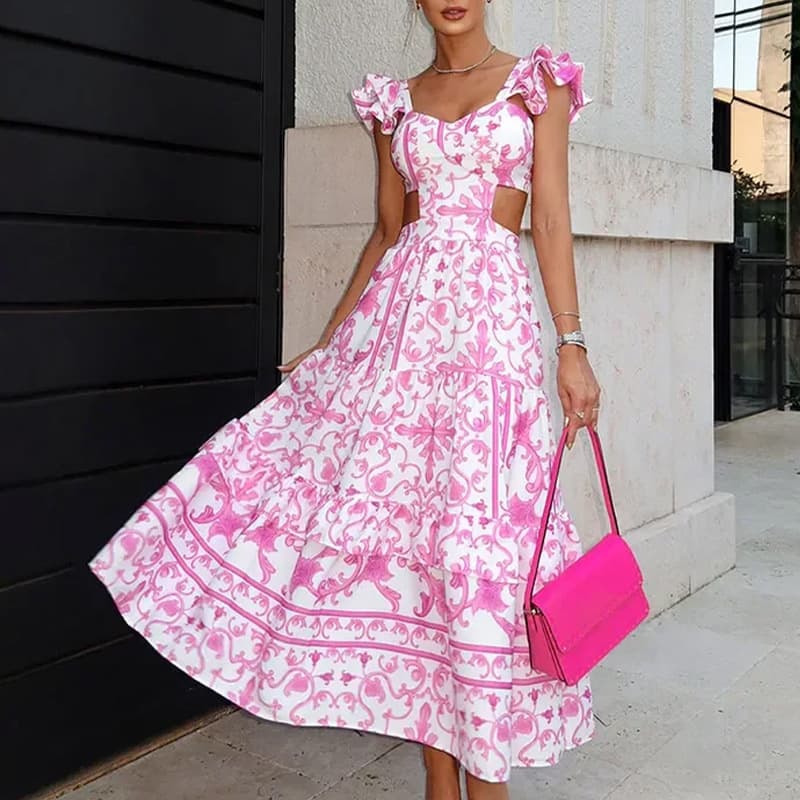 Women's Clothing Printed women's dress temperament elegant hollow long dress