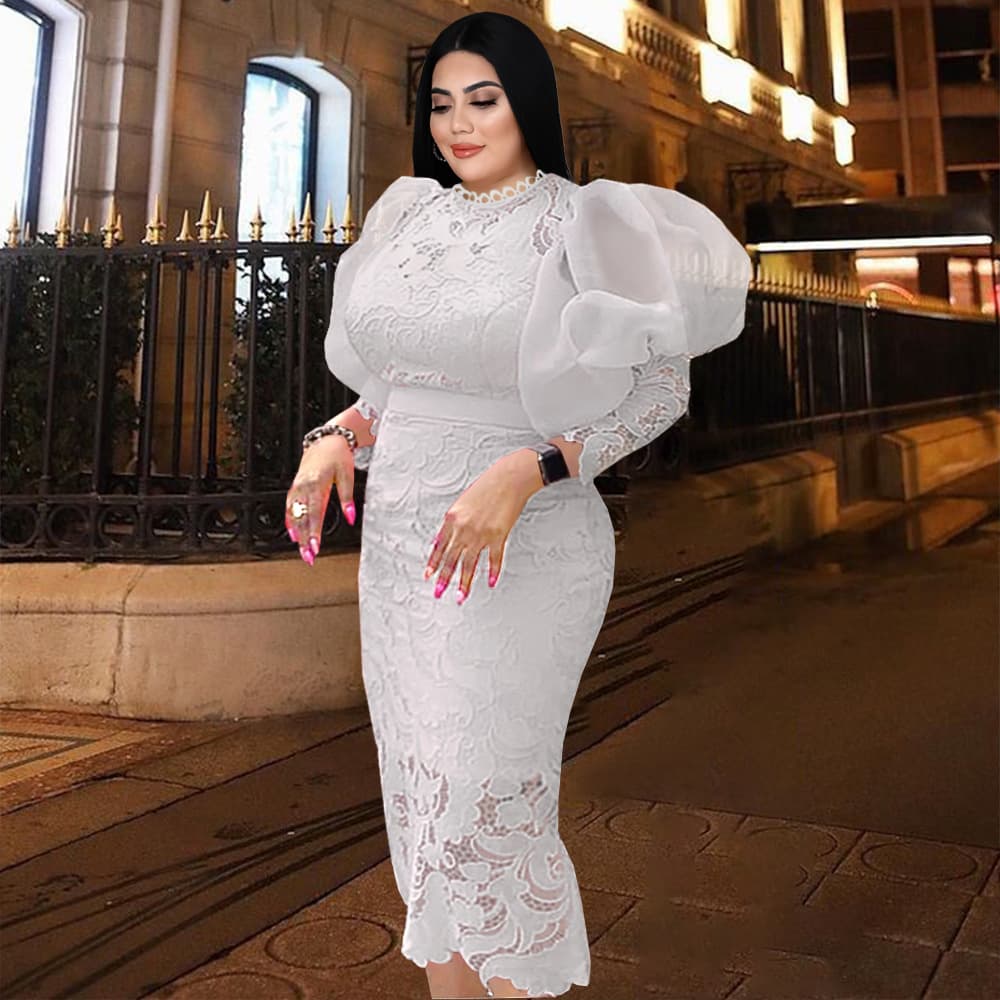 Women's Clothing Legant Plus Size Women's Lace Dress With Sheer Panels, Bubble Sleeves & Waist Tie, Mid-Length Formal Dress For Office & Party