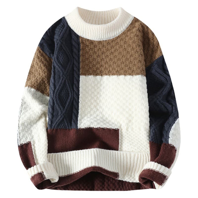 Men's Clothing Autumn Winter Sweater Fashion Patchwork Knit Pullover With Emblem Detail, Soft & Warm, Loose Fit, Round Neck, Long Sleeve, Washable