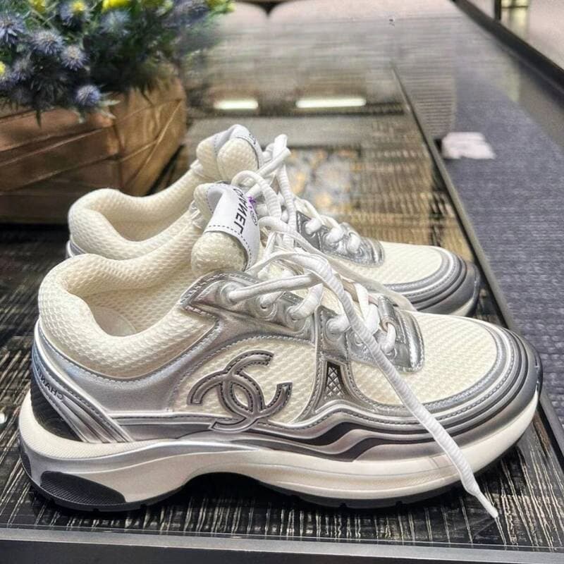 Baskets Chanel unisexe argentées style papa, nouvelles chaussures décontractées à lacets, bout rond, semelle épaisse en maille métallisée reha