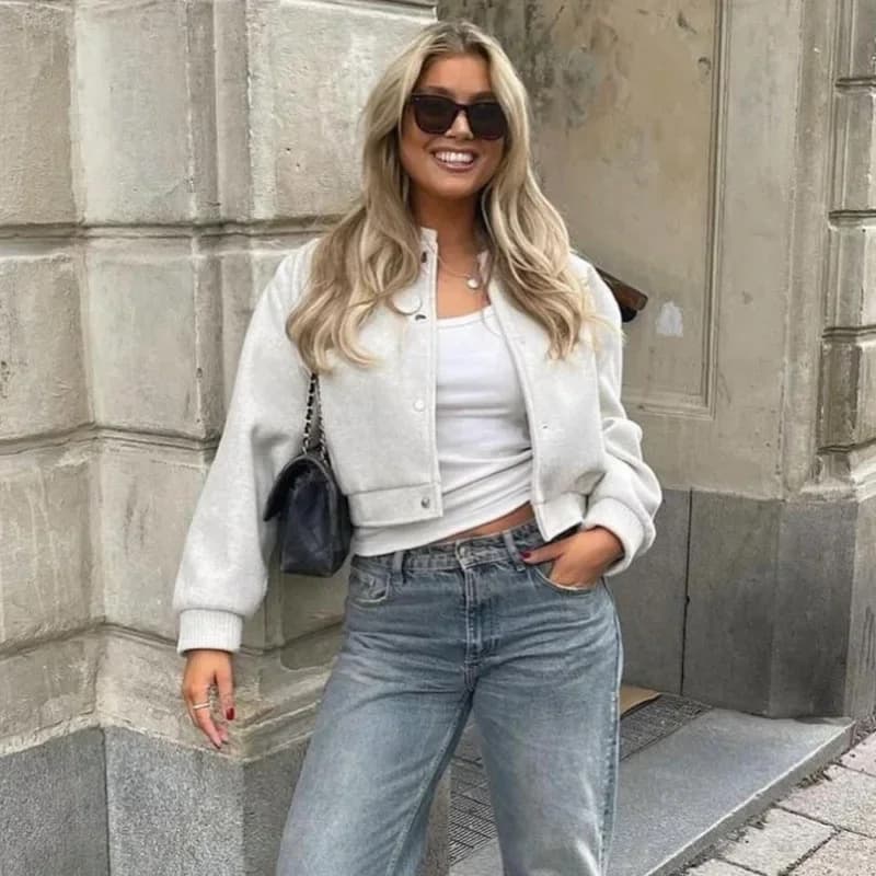 Soft & Stylish Oversized Bomber Jacket For Women - Lightweight Fall/Winter Coat With Stand Collar, Button Detail (Grey, Beige, Black)