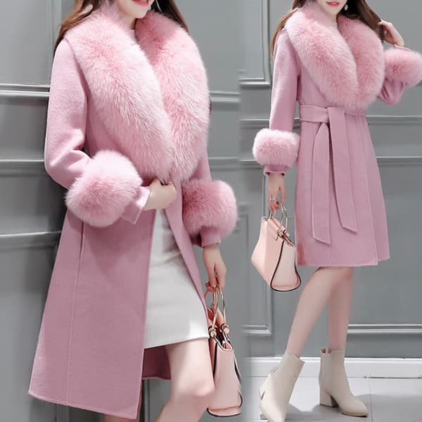 ​​Women’s Faux Fur-Trimmed Wool Coat – Belted Mid-Length Trench With V-Neck, Korean-Inspired Elegance​​