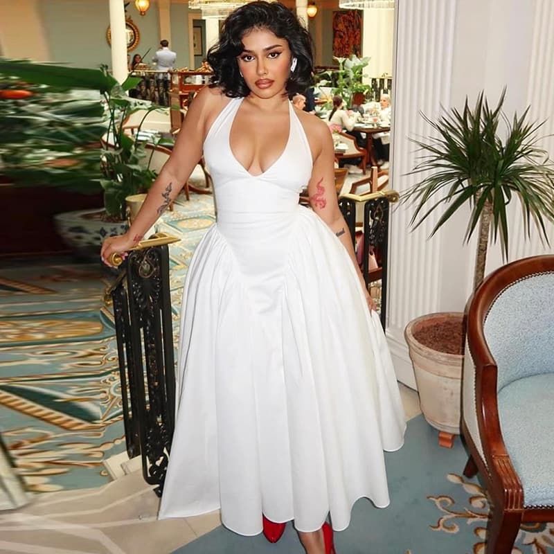 Women's Clothing Sexy Fashion Halter Neck Solid Color Dress Sleeveless Pullover Fairy Skirt Dress