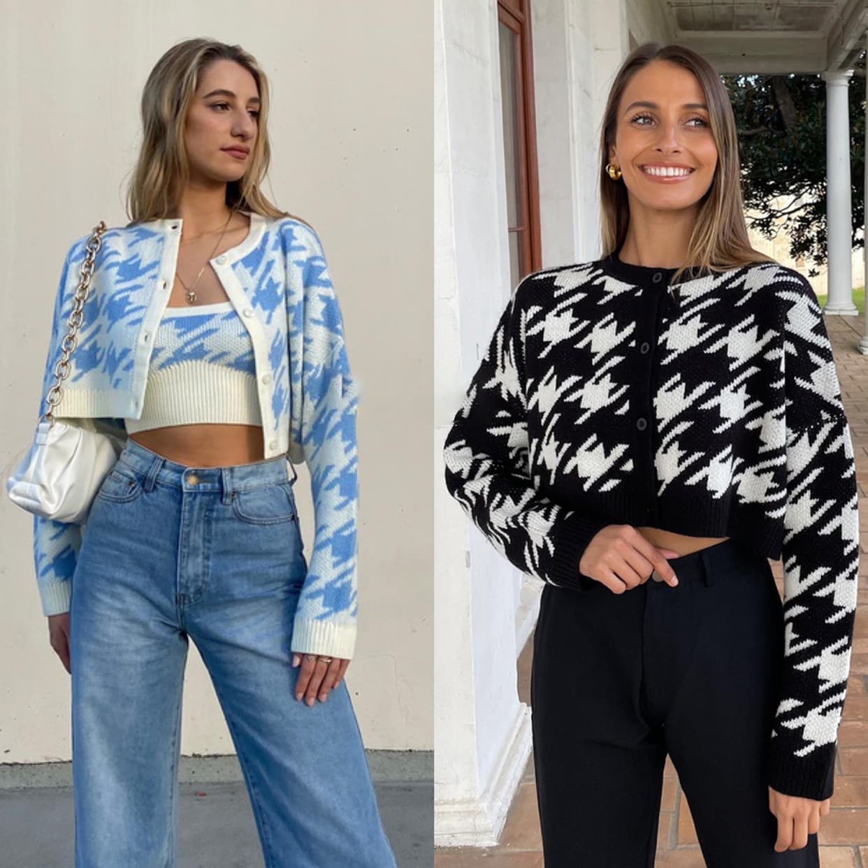 Women's Clothing autumn and winter short style navel baring long sleeved houndstooth sweater cardigan pullover