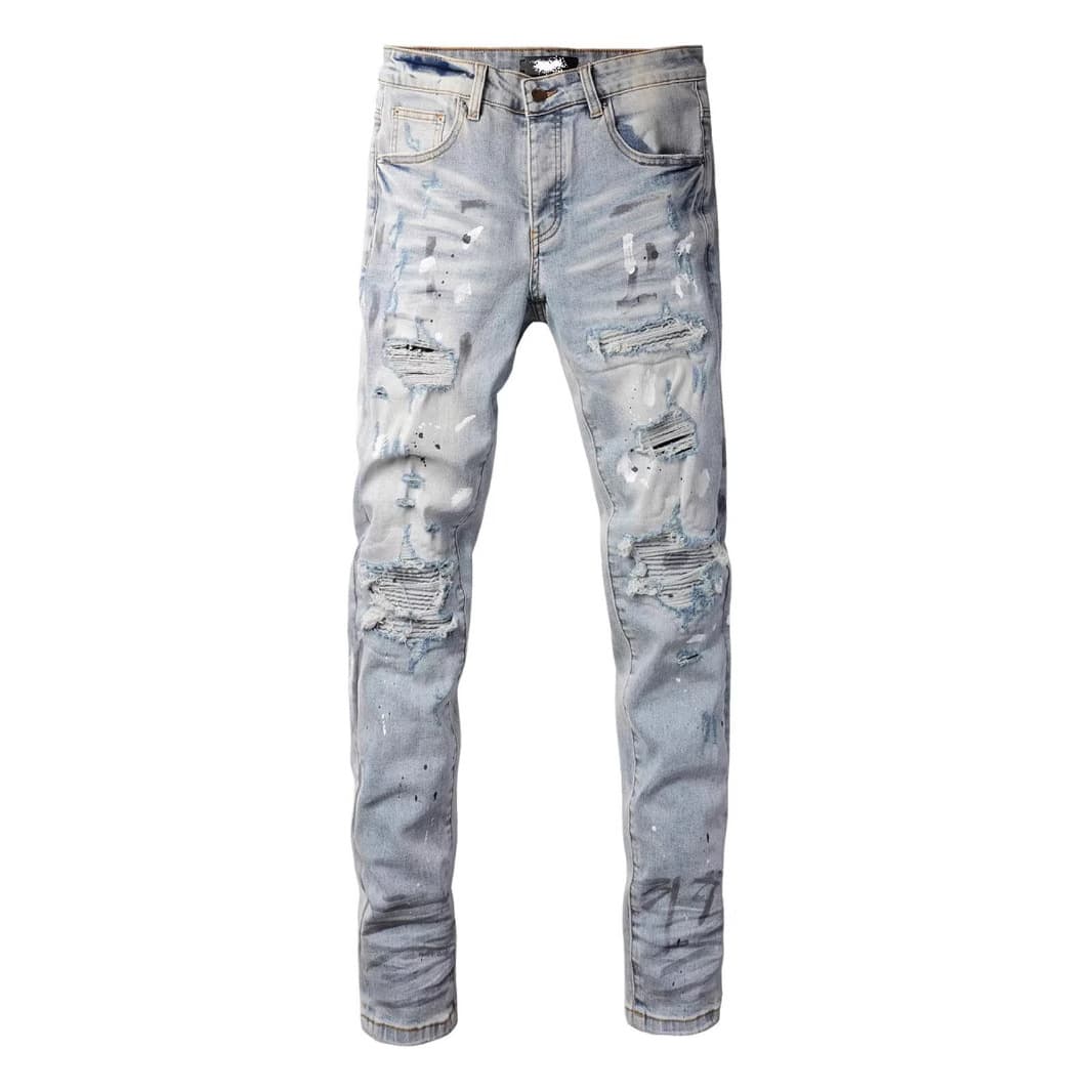 Guangzhou High Street Trendy Brand AM New Light Color Splash Ink Washed Ripped Jeans Men Patch Elastic Slim Fit Skinny