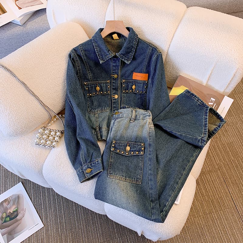 Women's Clothing Denim Jacket & Wide-Leg Pants Set - Stylish Two-Piece Outfit For Spring/Autumn, Flared Trousers With Short Jacket