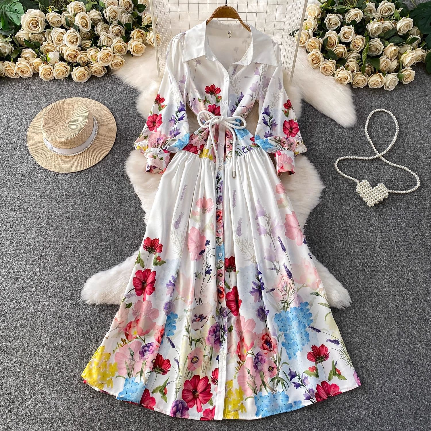 Women's Elegant Floral Print Blouse Dress French Vacation Style Lantern Sleeves Waist Tie Mid-Length A-Line Dress
