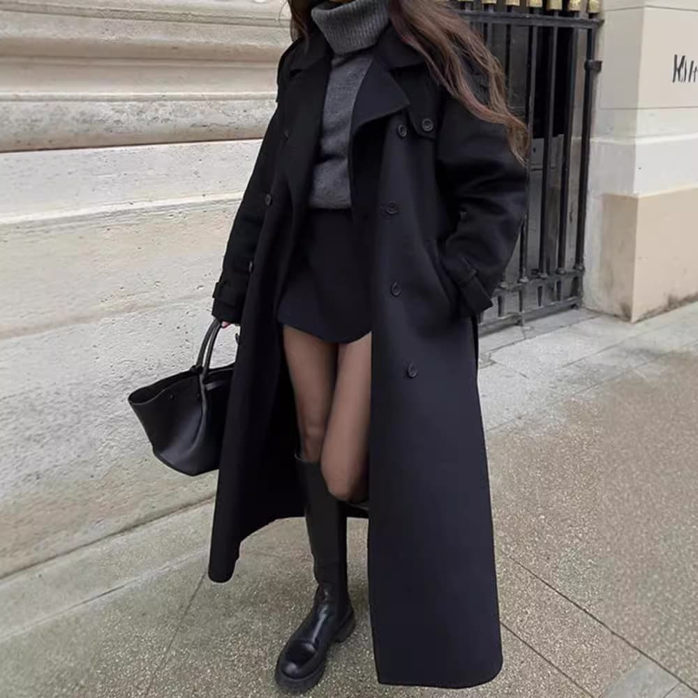 ​Elegant Long Wool Coat For Women - Pure Color Notched Lapel Trench Coat With Belt, Retro Office Wear, Slim Fit, S/M/L Size (Brown, Black)​