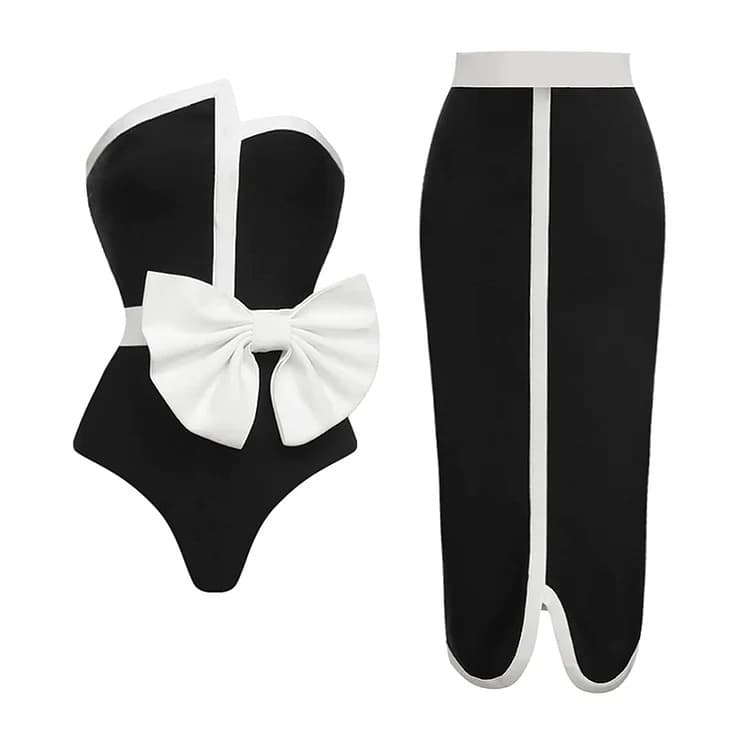 Women's Black and white color matching bow bandeau high-end one-piece swimsuit suit