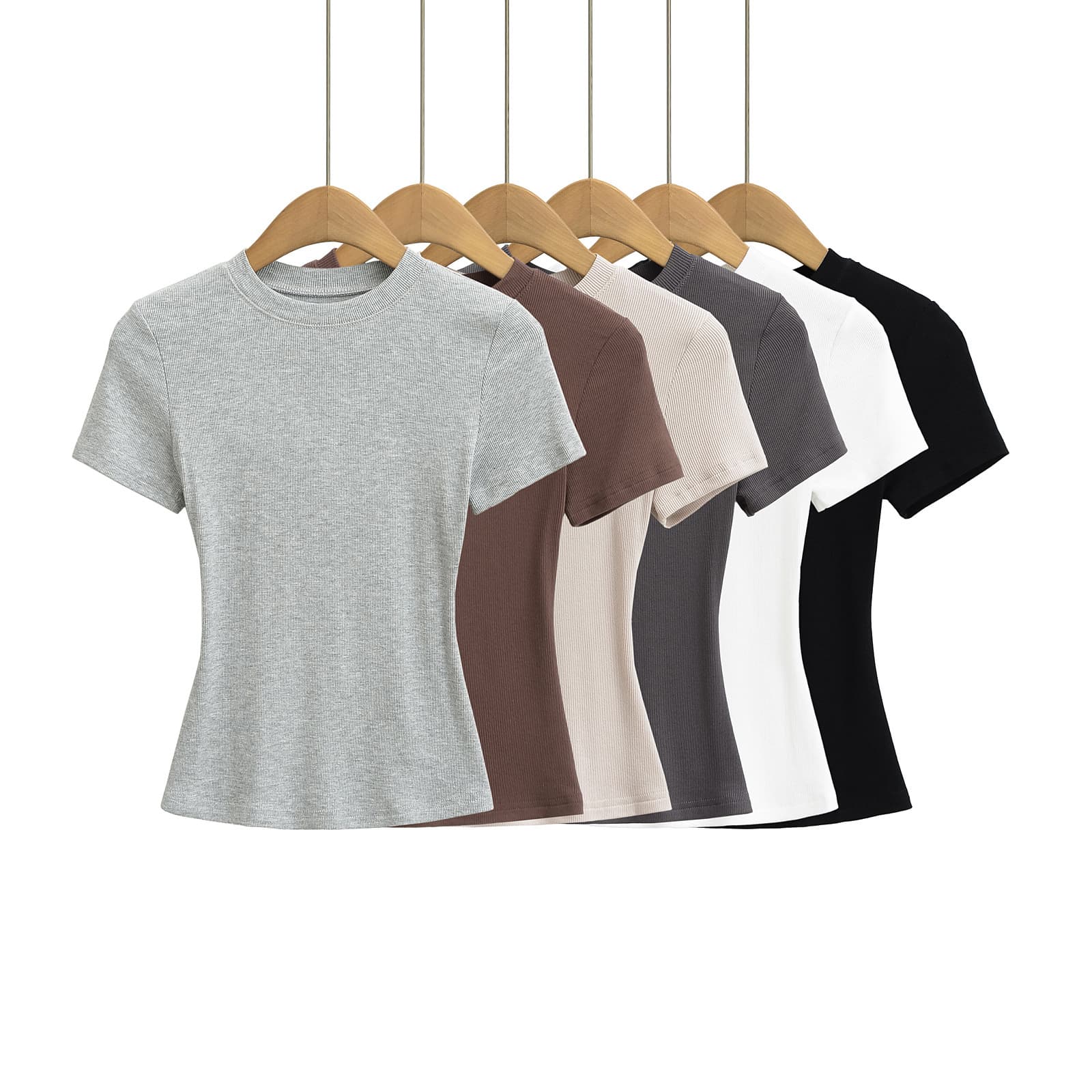 Women's Clothing Thread Tight Short Sleeved T Shirt Women's Summer Slim Round Neck Solid Color Elastic Sports Top